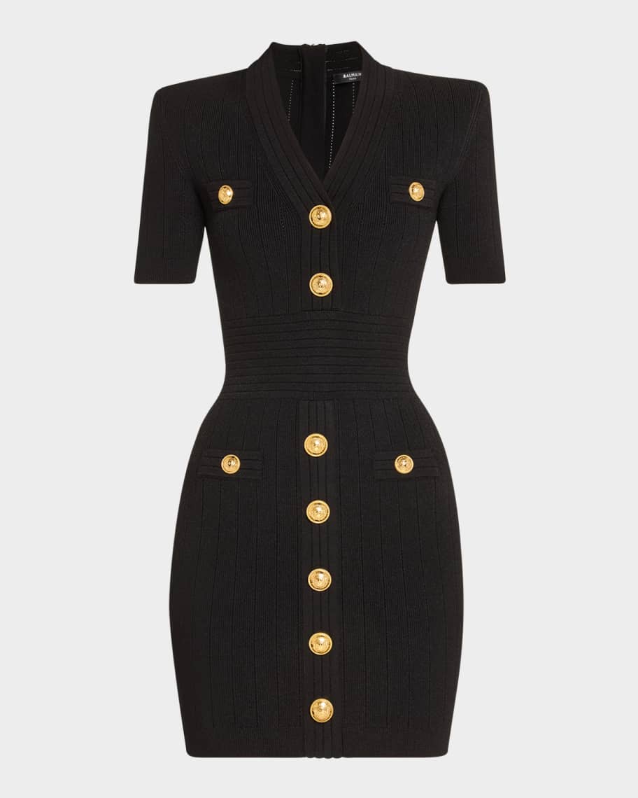 Balmain V-Neck 4 Pocket Mini Knit Dress | Neiman Marcus