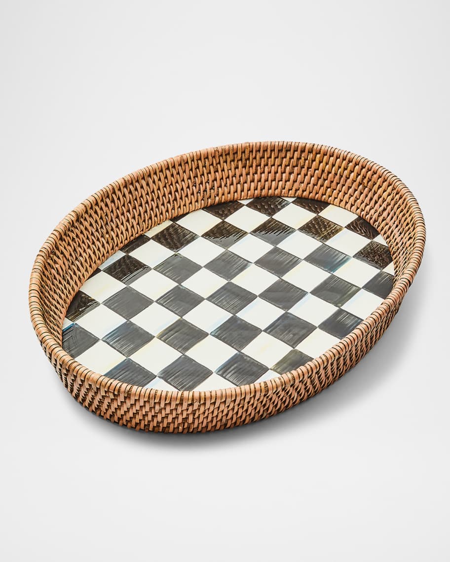 Mackenzie-Childs Courtly Check Enamel and Rattan Round Serving Tray