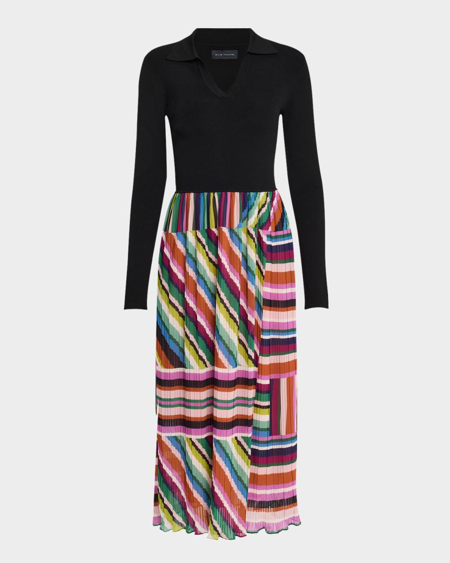 elie tahari mixed media pleated midi dress Elie Tahari Women's The Mave Mixed Media Dress - NOIR