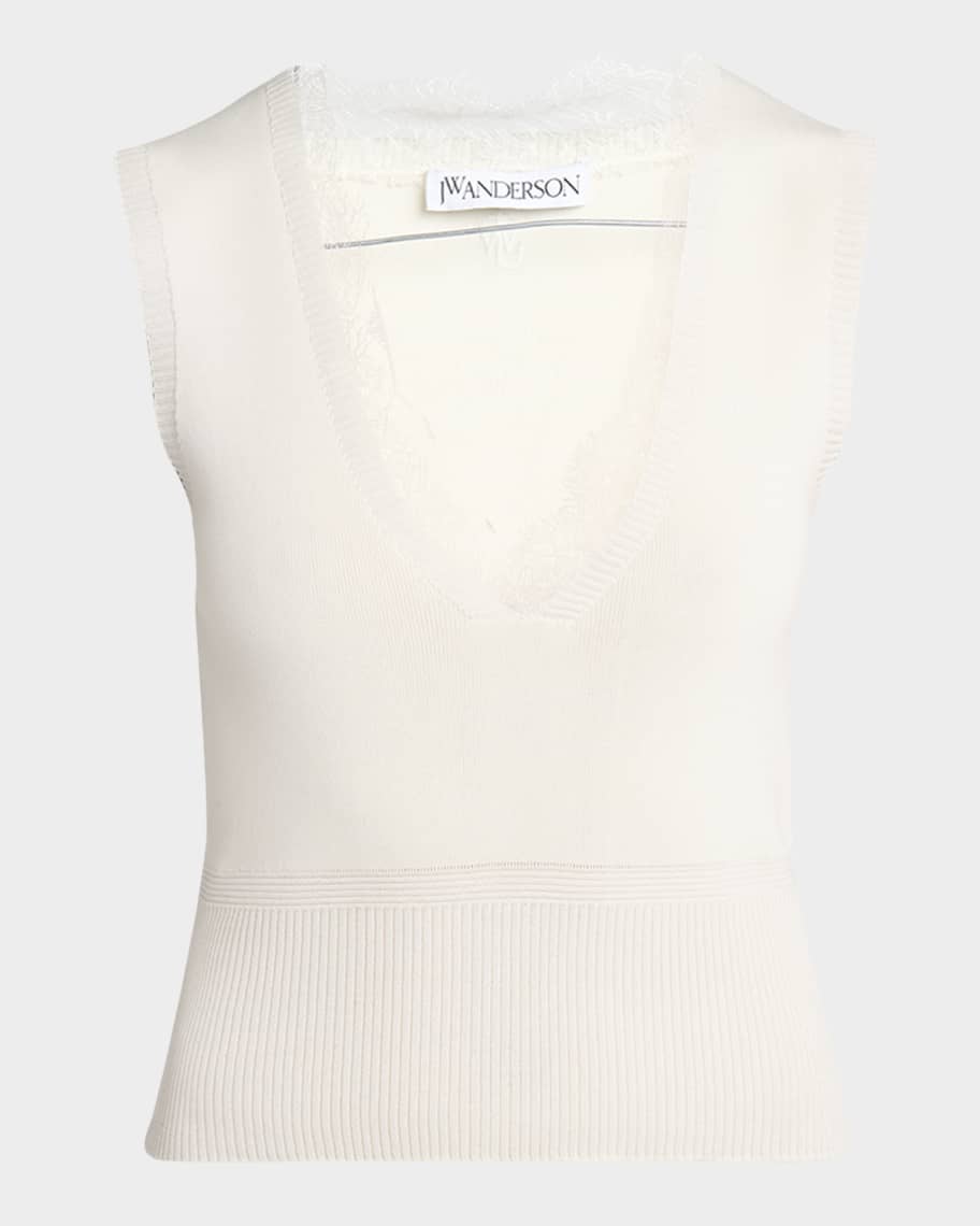 ベスト・ジレ JW ANDERSON Women Vests JO0248PG1717001 White JW Anderson Lace Trim V-Neck Vest | Neiman Marcus