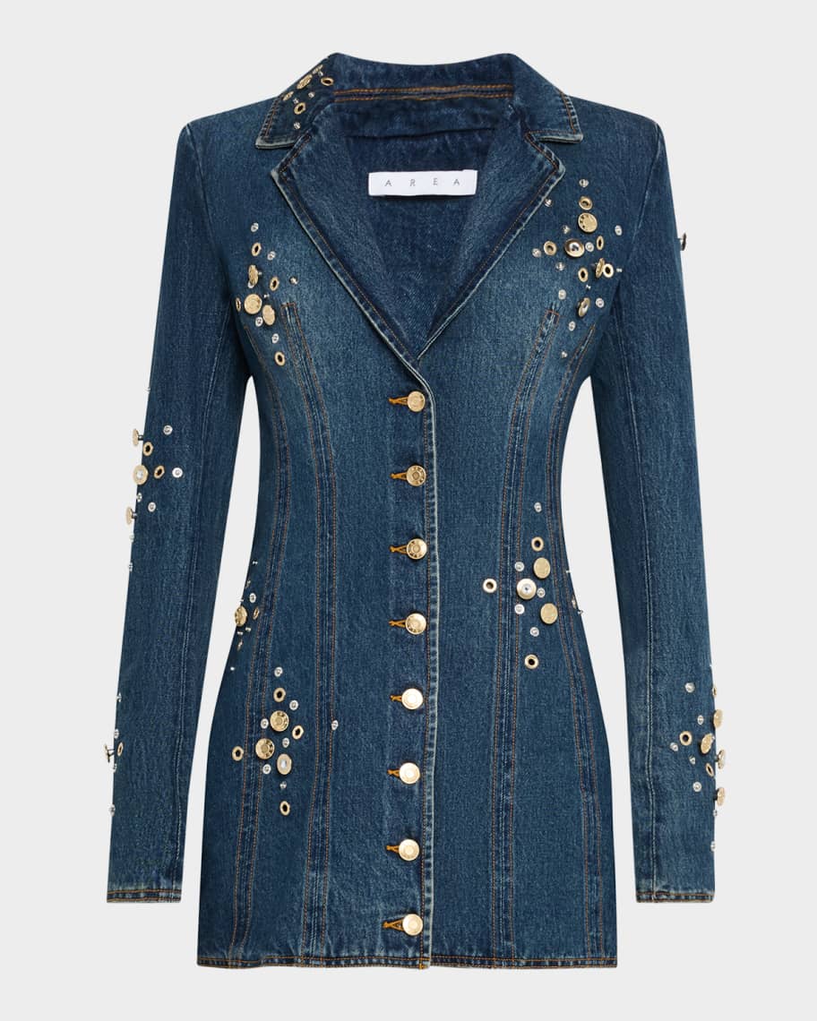 AREA Crystal Button Studded Denim Mini Blazer Dress | Neiman Marcus