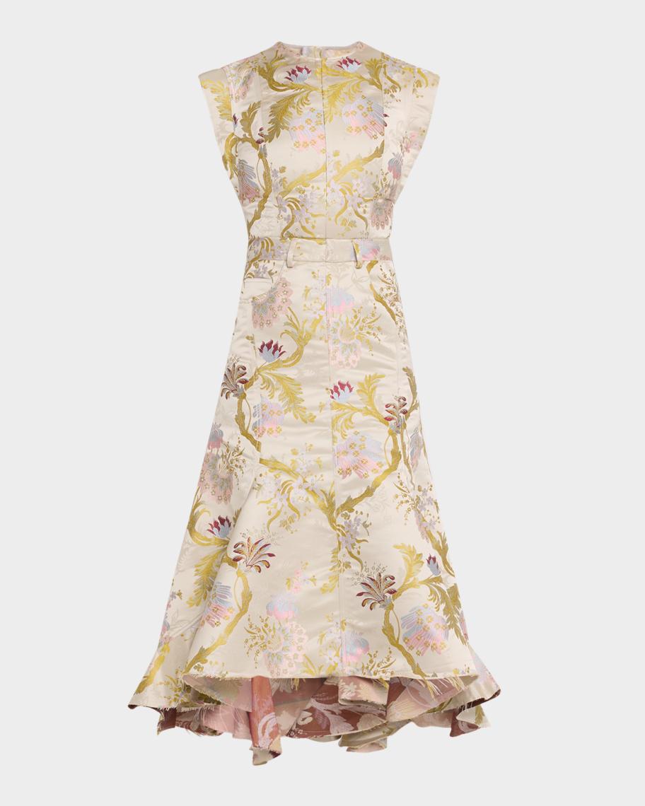sleeveless brocade midi dress Blue Floral Square Neck Midi Dress