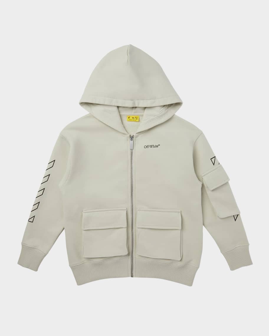 Off-White Boy's Bookish Diagonal Zip-Front Hoodie, Size 14