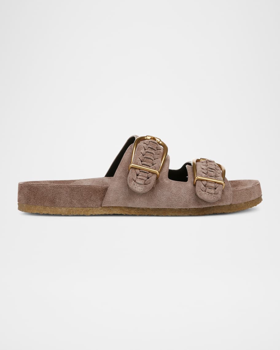 Veronica Beard Paige Woven Suede Dual-Buckle Slide Sandals | Neiman Marcus