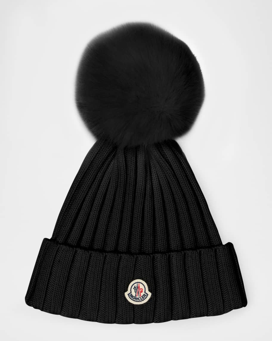 Moncler Ribbed Logo Beanie with Faux Fur Pom | Neiman Marcus