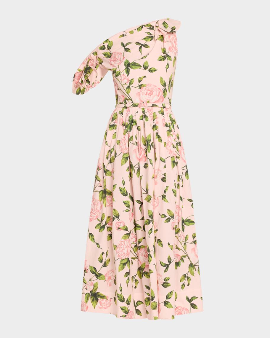 Oscar de la Renta Tie Off-The-Shoulder English Roses Poplin Midi Dress ...