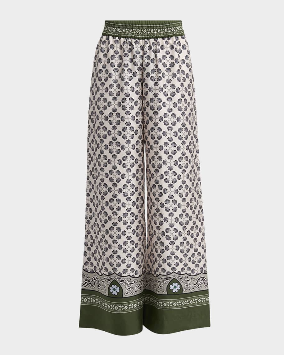 【La DoubleJ】 High-riseプリントシルク palazzoパンツ Printed high-rise silk twill palazzo pants in red - La