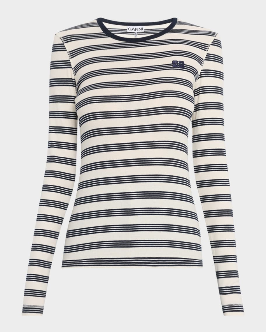 ◆GANNI◆RIBBED COTTON LONG SLEEVE T-SHIRT WITH STRIPEDPRINT Ganni Stripe Soft Cotton Long Sleeve T-Shirt | Neiman Marcus