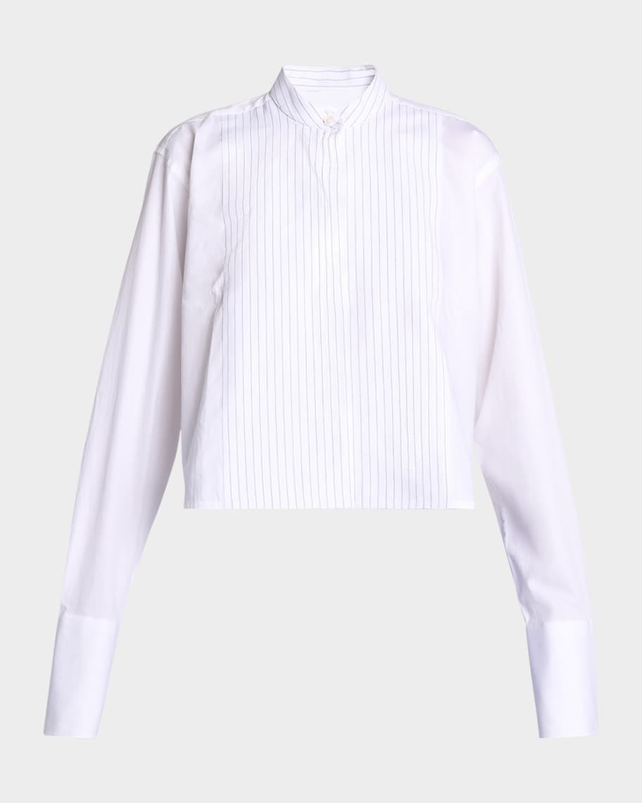【Victoria Beckham】フルイドドレープジャージートップ Victoria Beckham Striped Bib-Front Crop Tux Shirt | Neiman