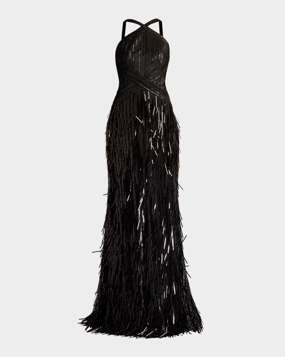 Sequin Fringe Halter Gown