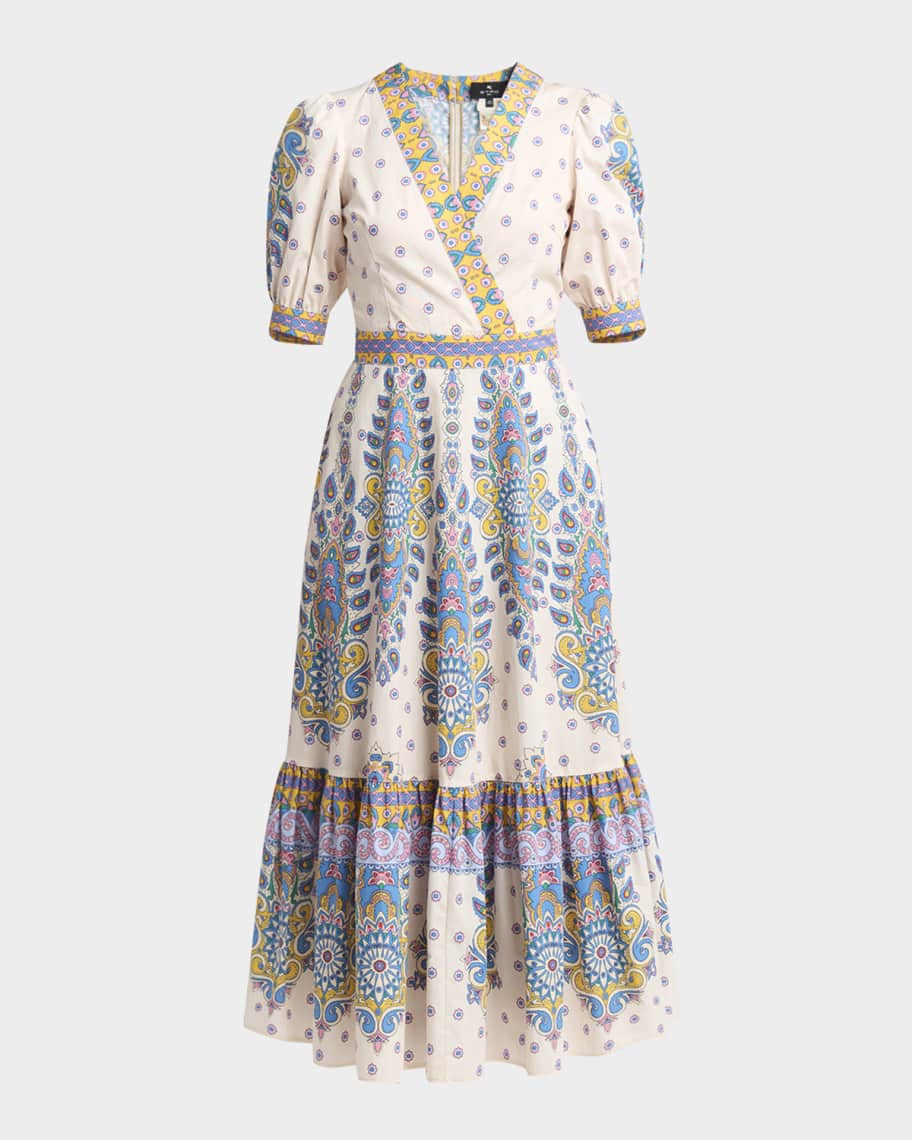 Etro Paisley-Print Puff-Sleeve Midi Dress | Neiman Marcus