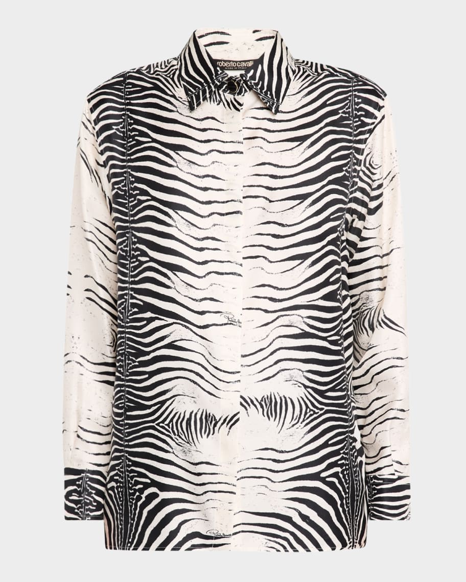 Roberto Cavalli Zebra-Print Button-Down Silk Shirt | Neiman