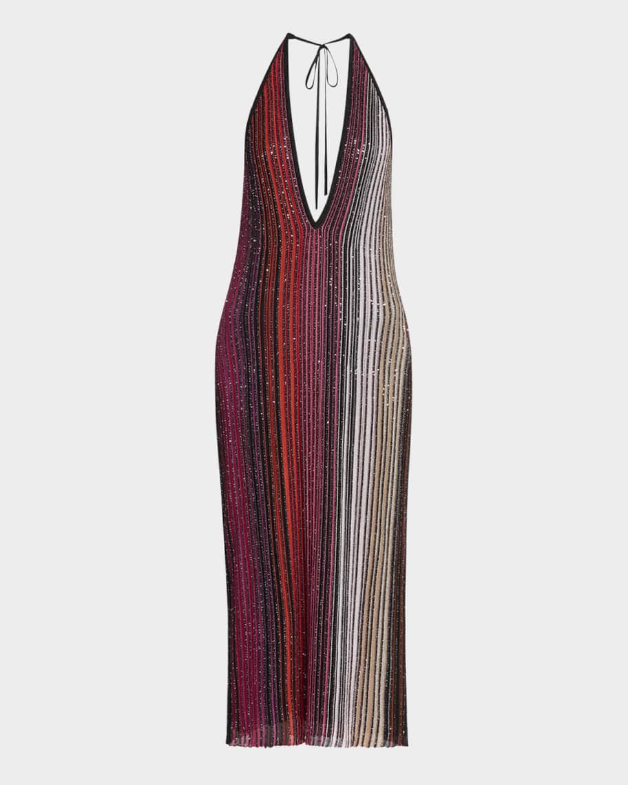 Missoni Paillette Striped Plunging Halter Midi Dress | Neiman Marcus