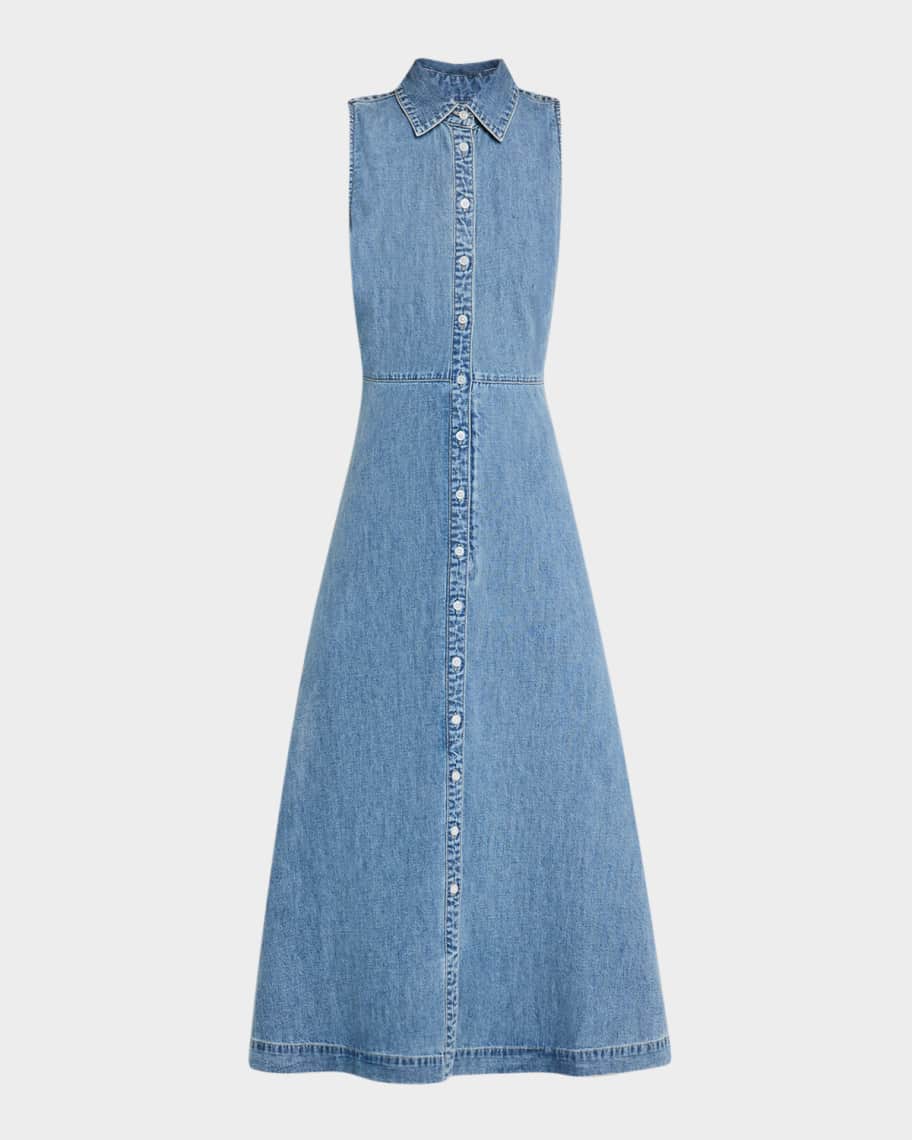 sleeveless denim shirt dress &merci sleeveless collared button down denim midi shirt dress – The Revival main image 0