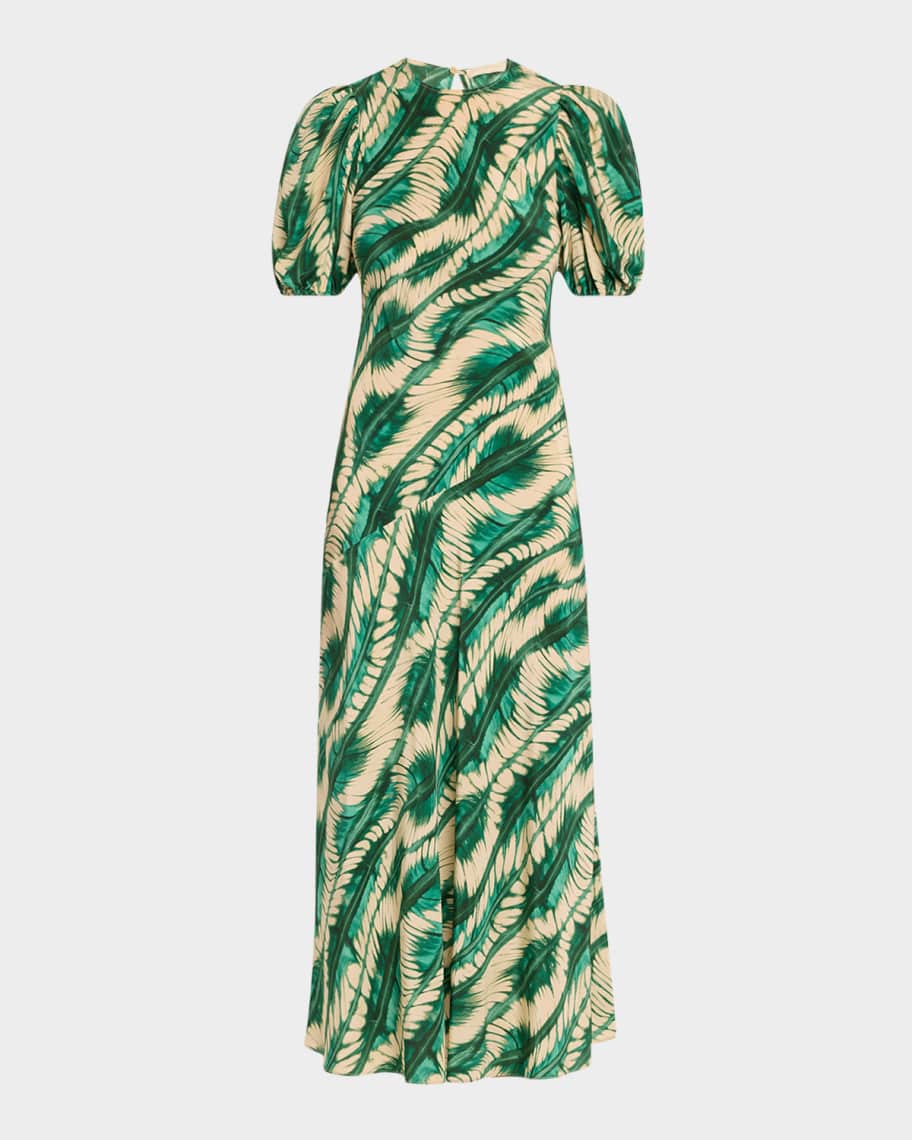 knee length dresses for ladies Harriet Puff Sleeve Midi Dress - Ivory Flora Floral Print Leaf Print A-Line Midi  Dress main image 1