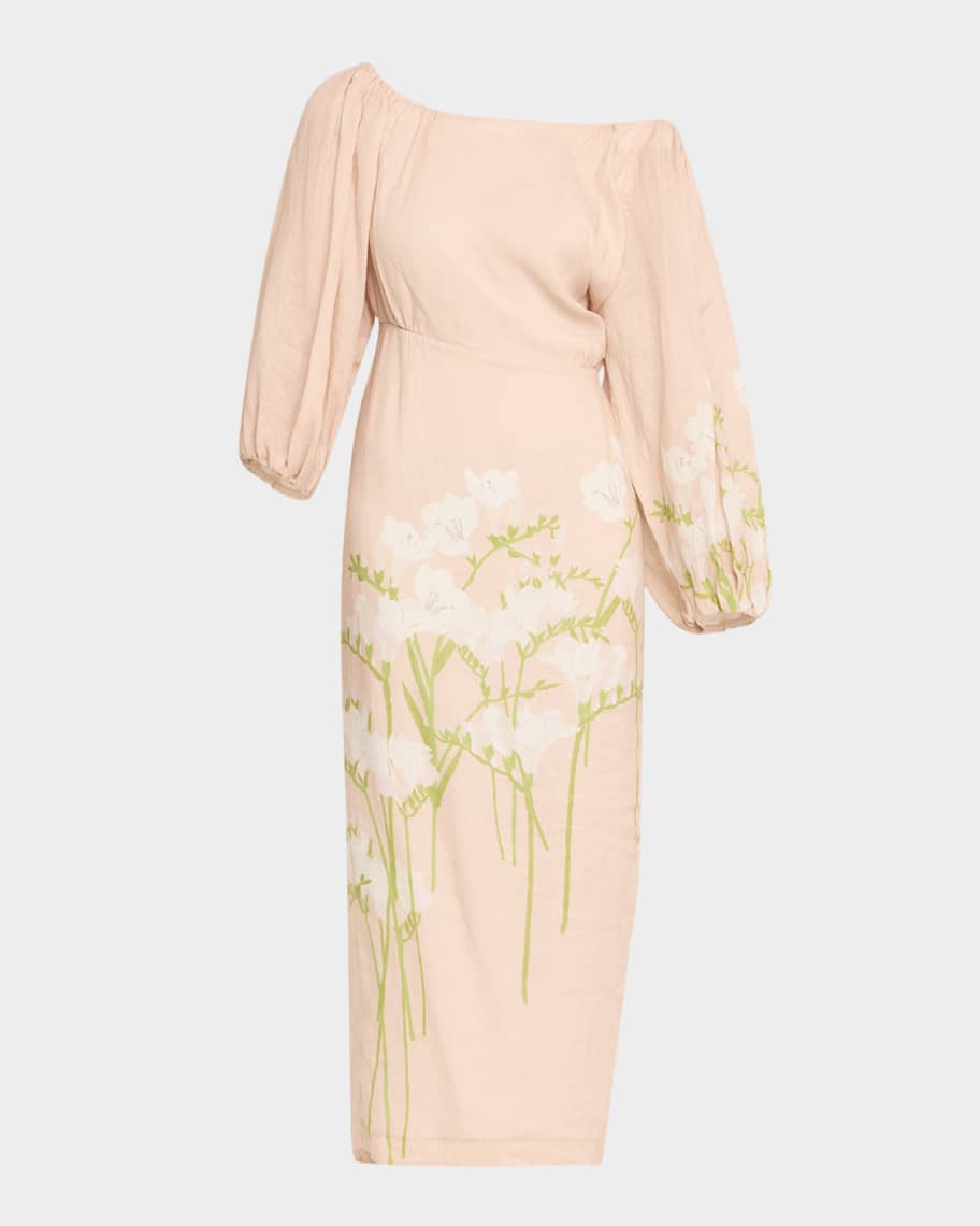 BERNADETTE Printed Off-The-Shoulder Linen Dress | Neiman Marcus