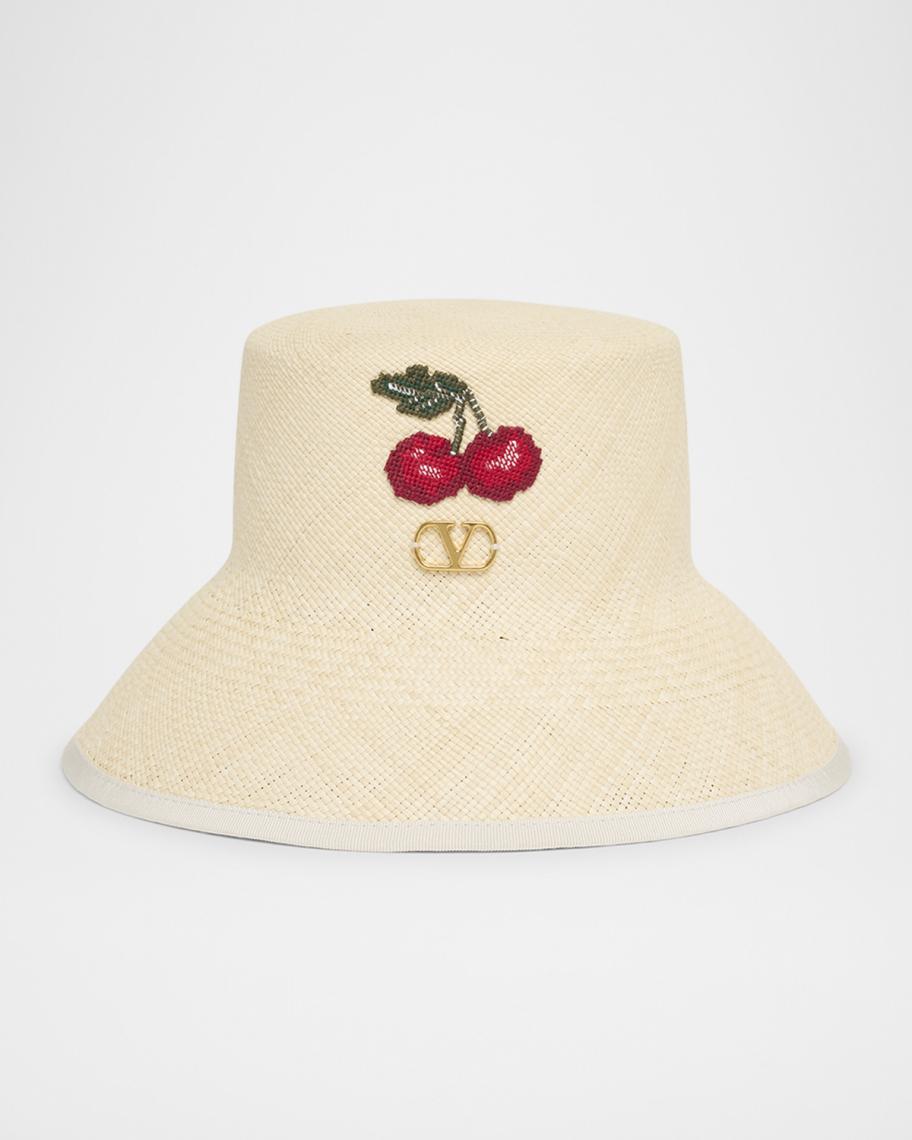 Valentino Garavani VLOGO Cherries Straw Bucket Hat | Neiman Marcus