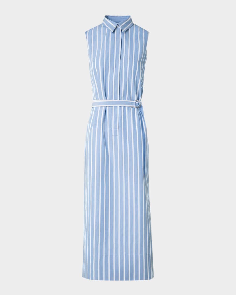 Akris punto Striped Sleeveless Belted Cotton Midi Shirtdress