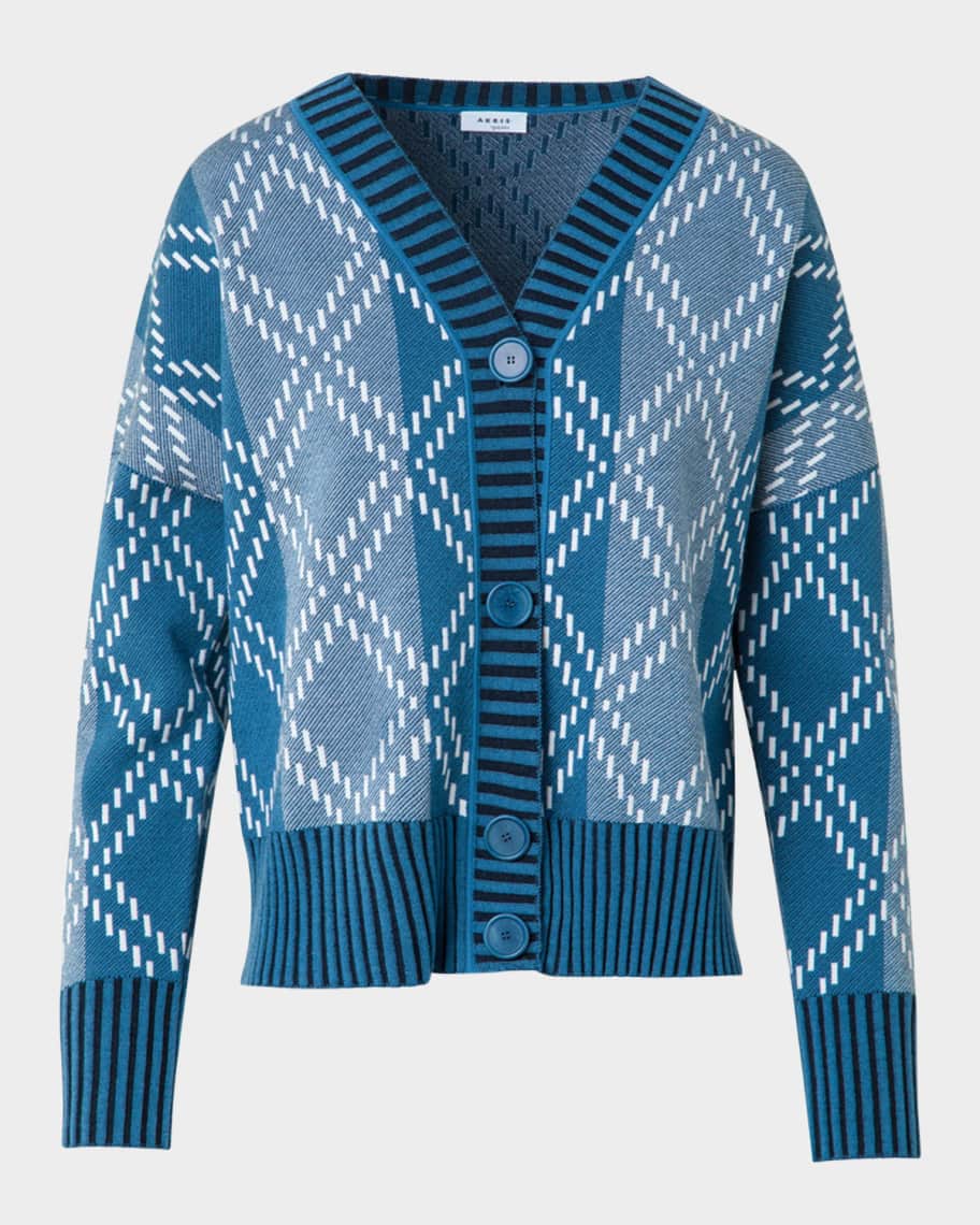 スイス製 アクリスプント AKRIS PUNTO 上質ウール M カーディガン Akris punto Striped Diamond Jacquard Knit Cardigan | Neiman Marcus