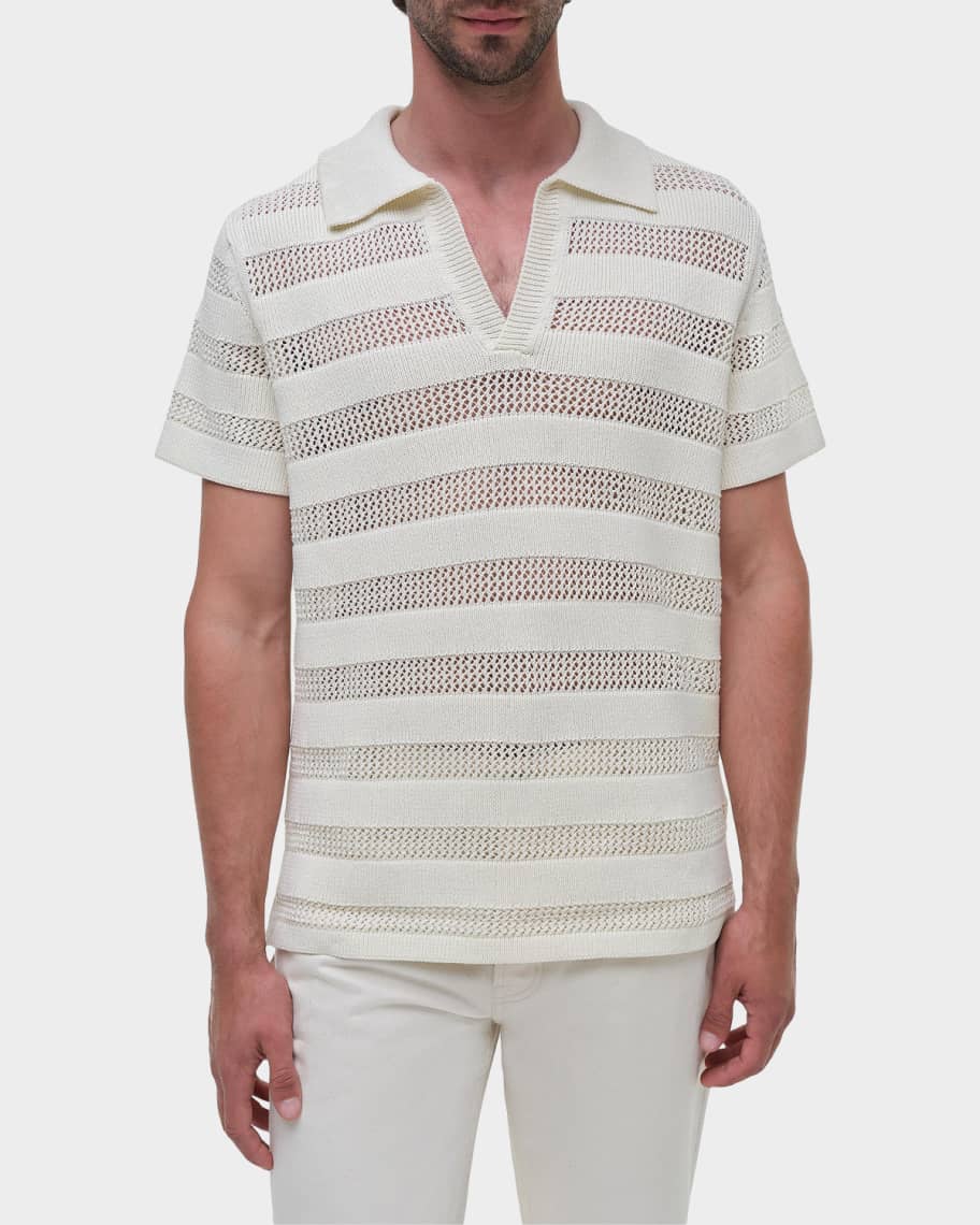 SIMKHAI Men's Crochet Stripe Johnny Collar Polo Shirt | Neiman Marcus
