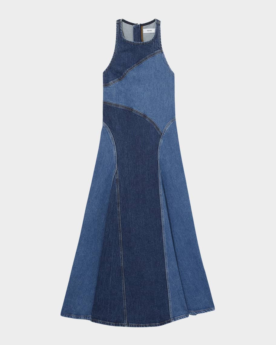 Reiss Wilder Patchwork Cotton Chambray Midi Dress | Neiman Marcus