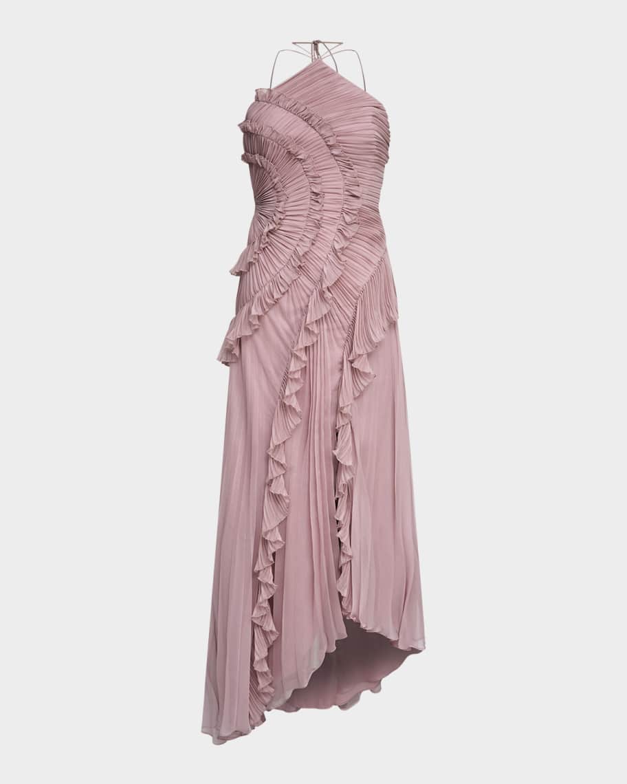 lorelie halter dress AMUR Gown in Tropical Dusk The AMUR Lorelie Gown is a halter gown made of 100% recycled polyester AMUR Lorelie Halter Pleated Ruffled