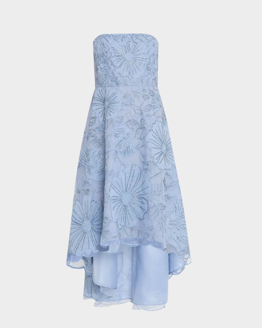 Aidan Mattox Strapless Embroidered High-Low Midi Dress | Neiman Marcus