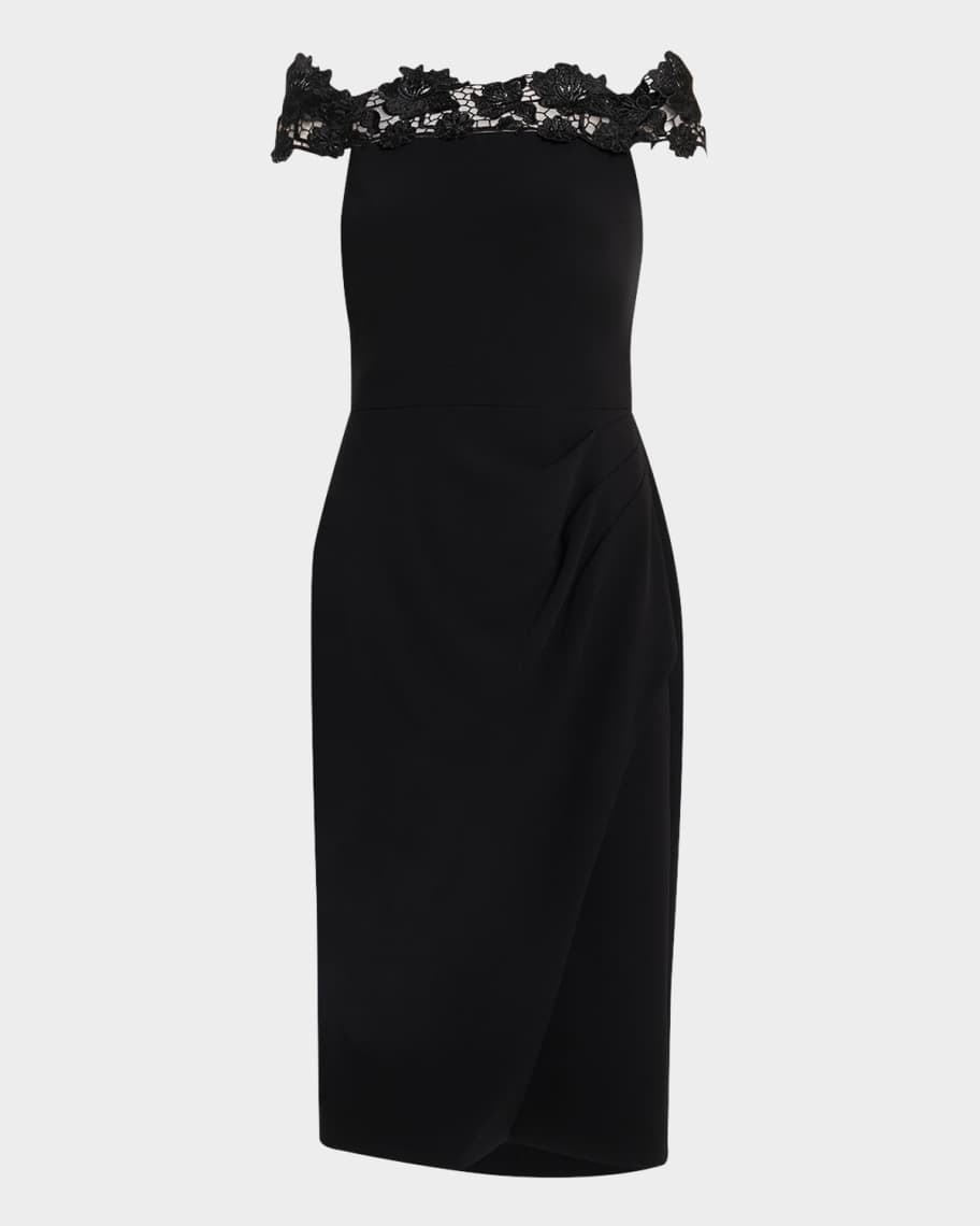 Aidan Mattox Off-Shoulder Crepe & Lace Midi Dress | Neiman Marcus