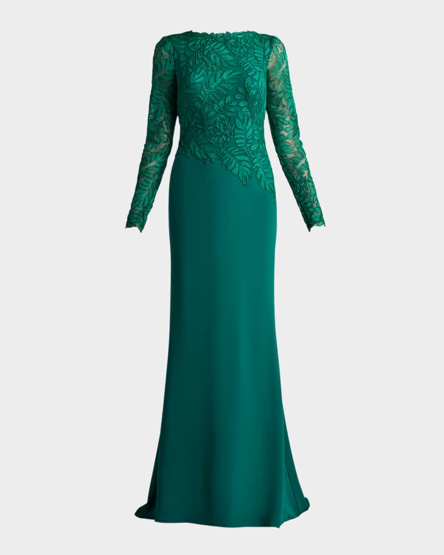 Tadashi Shoji A-Line Corded Lace & Crepe Gown | Neiman Marcus
