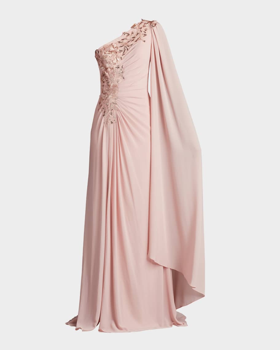 Pleated Cape-Sleeve Sequin Applique Gown