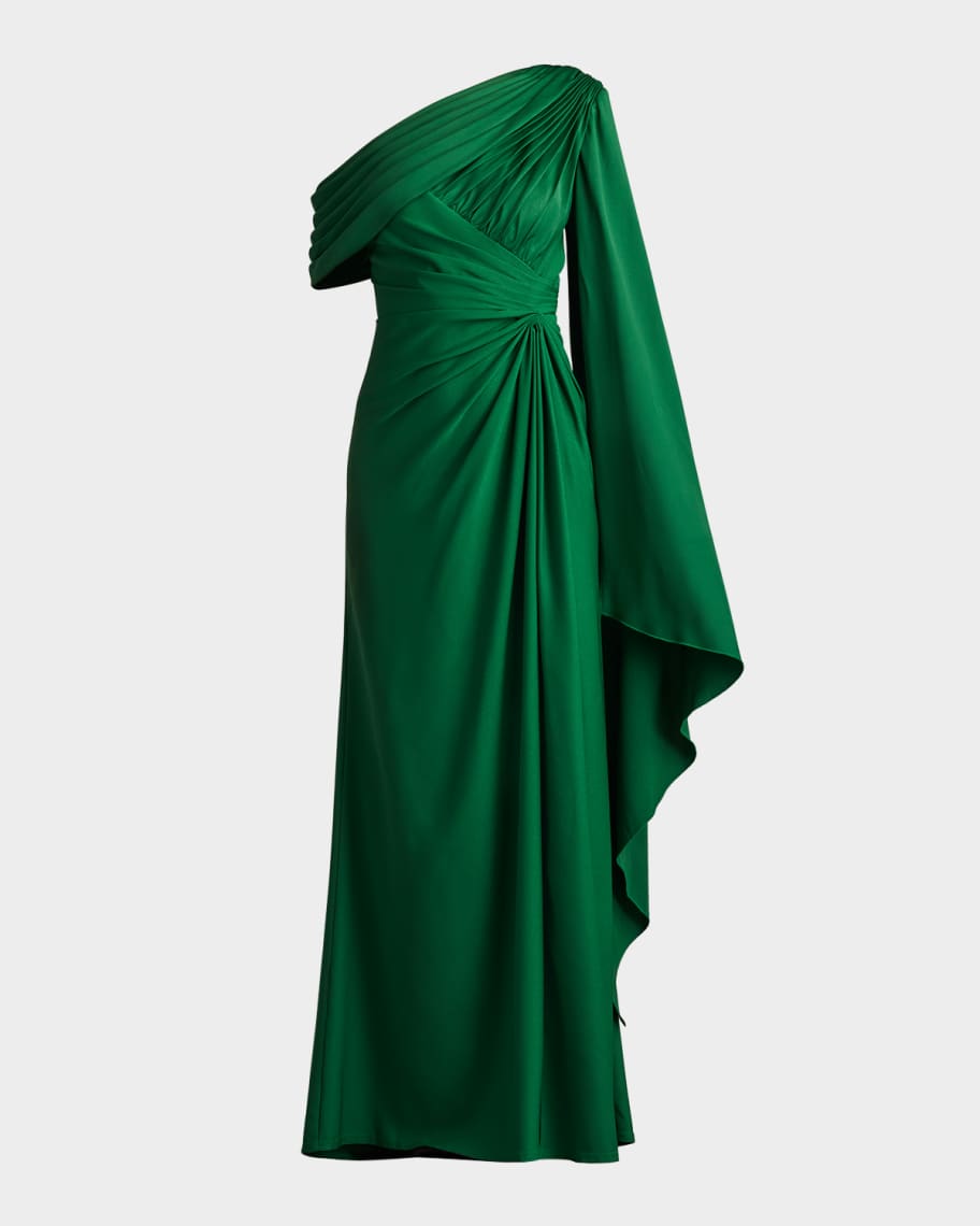 Tadashi Shoji Pleated One-Shoulder Cape Gown | Neiman Marcus