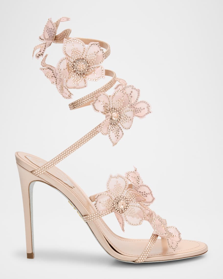 Rene Caovilla Floraine Crystal Flowers Satin Snake-Wrap Sandals