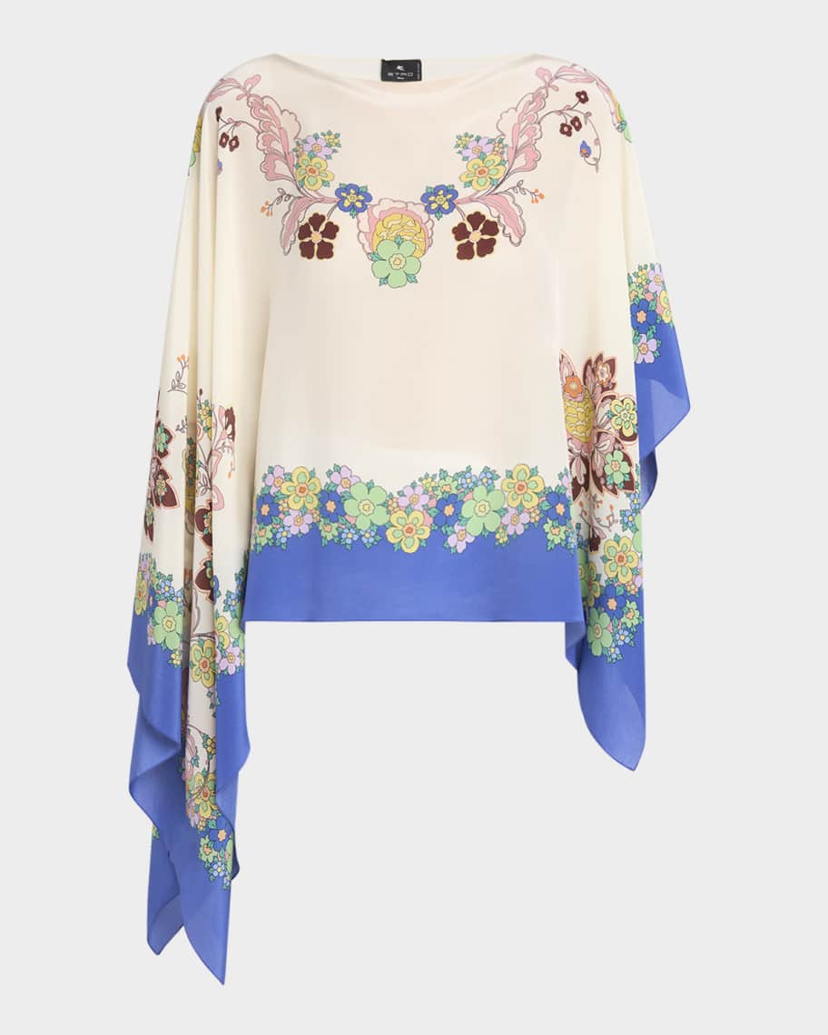 Asymmetric Floral Silk Poncho