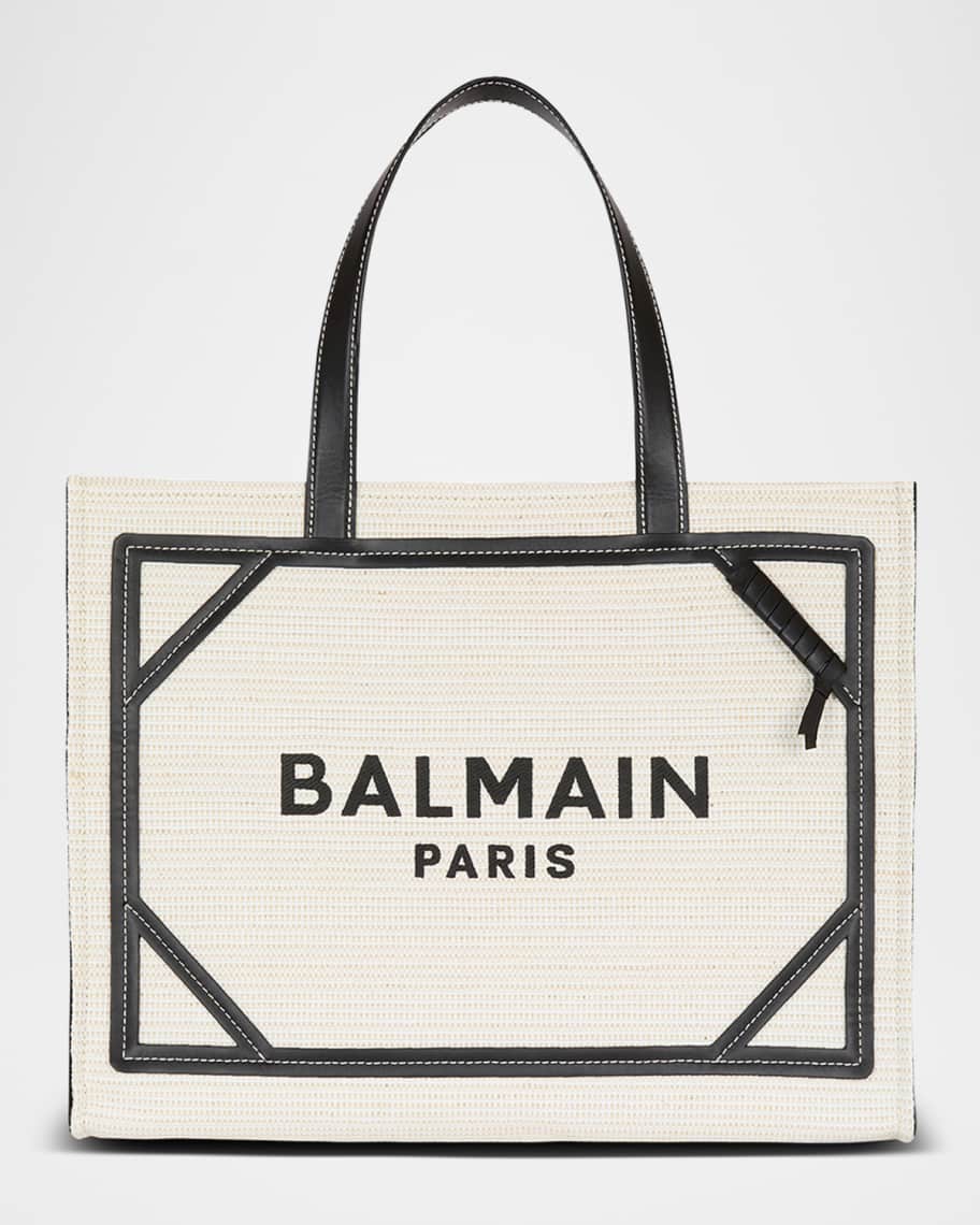 Balmain B-Army Medium Shopper Tote Bag in Raffia and Leather