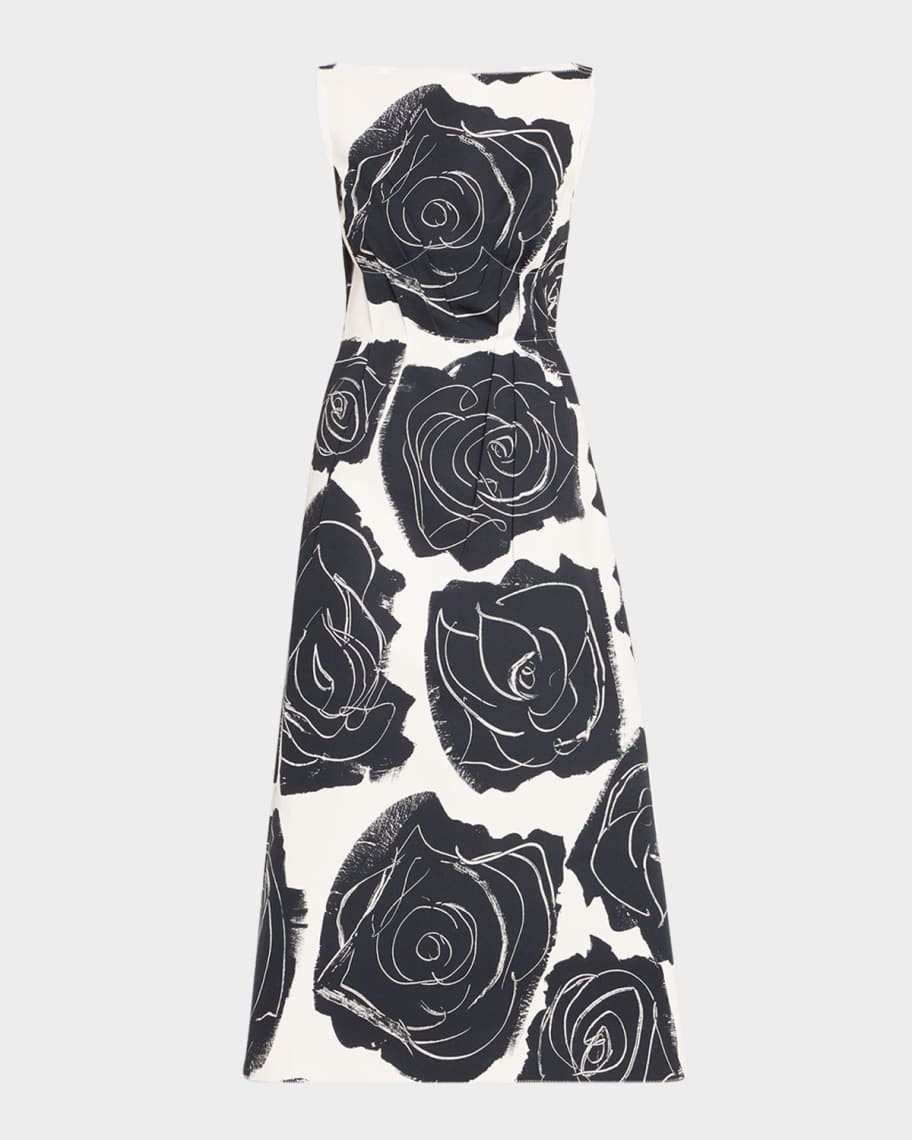 Rose-Print Sleeveless Button-Back Midi Dress