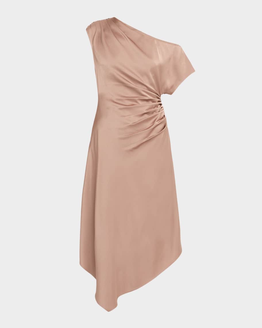 Aidan Mattox Draped One-Shoulder Crepe Back Satin Midi Dress