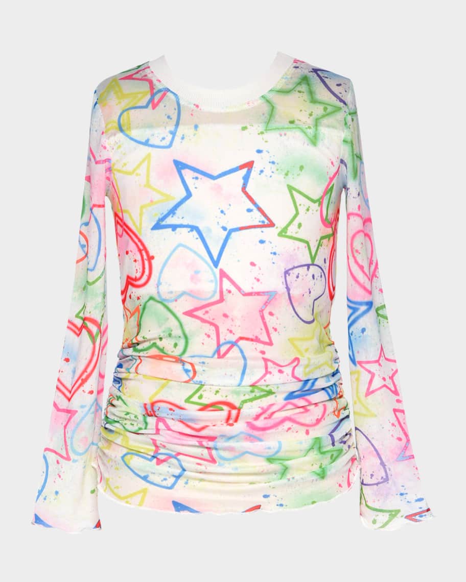 Girl's Multicolor Star-Print Mesh Top, Size 4-14