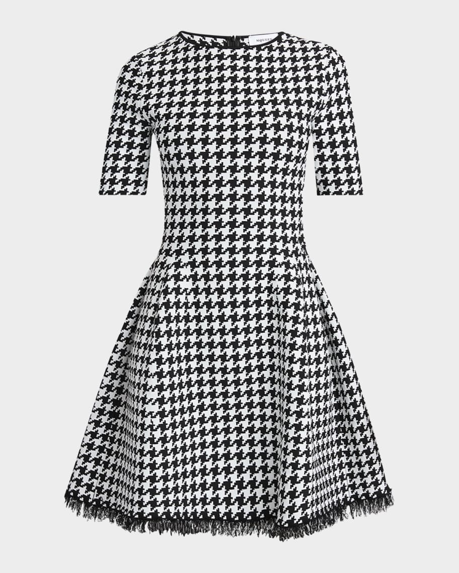 McQueen Houndstooth Fit-Flare Fringe Knit Mini Dress | Neiman Marcus