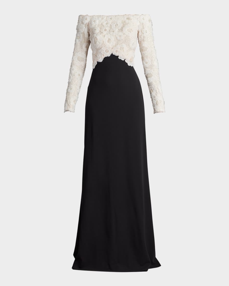 Tadashi Shoji Off-Shoulder Beaded Floral Applique Gown | Neiman Marcus