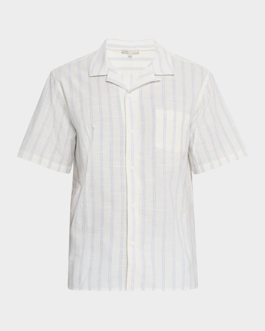 Men's Cotton and Linen Vertical Stripe Camp Shirt