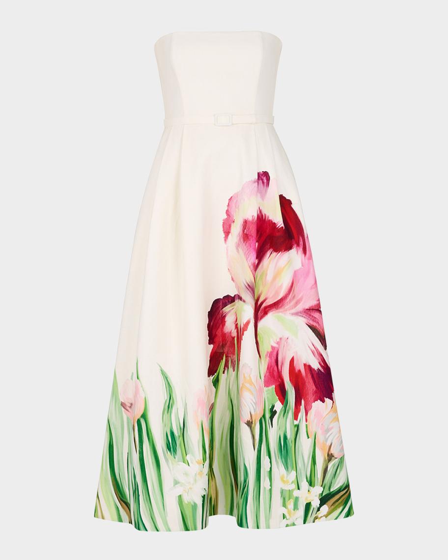 NICHOLAS Kyra Strapless Floral-Print Midi Dress | Neiman Marcus