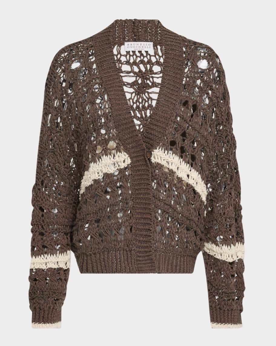 カッピエロ CARRIELLO Brunello Cucinelli Stripe Cotton-Jute Open Knit V-Neck