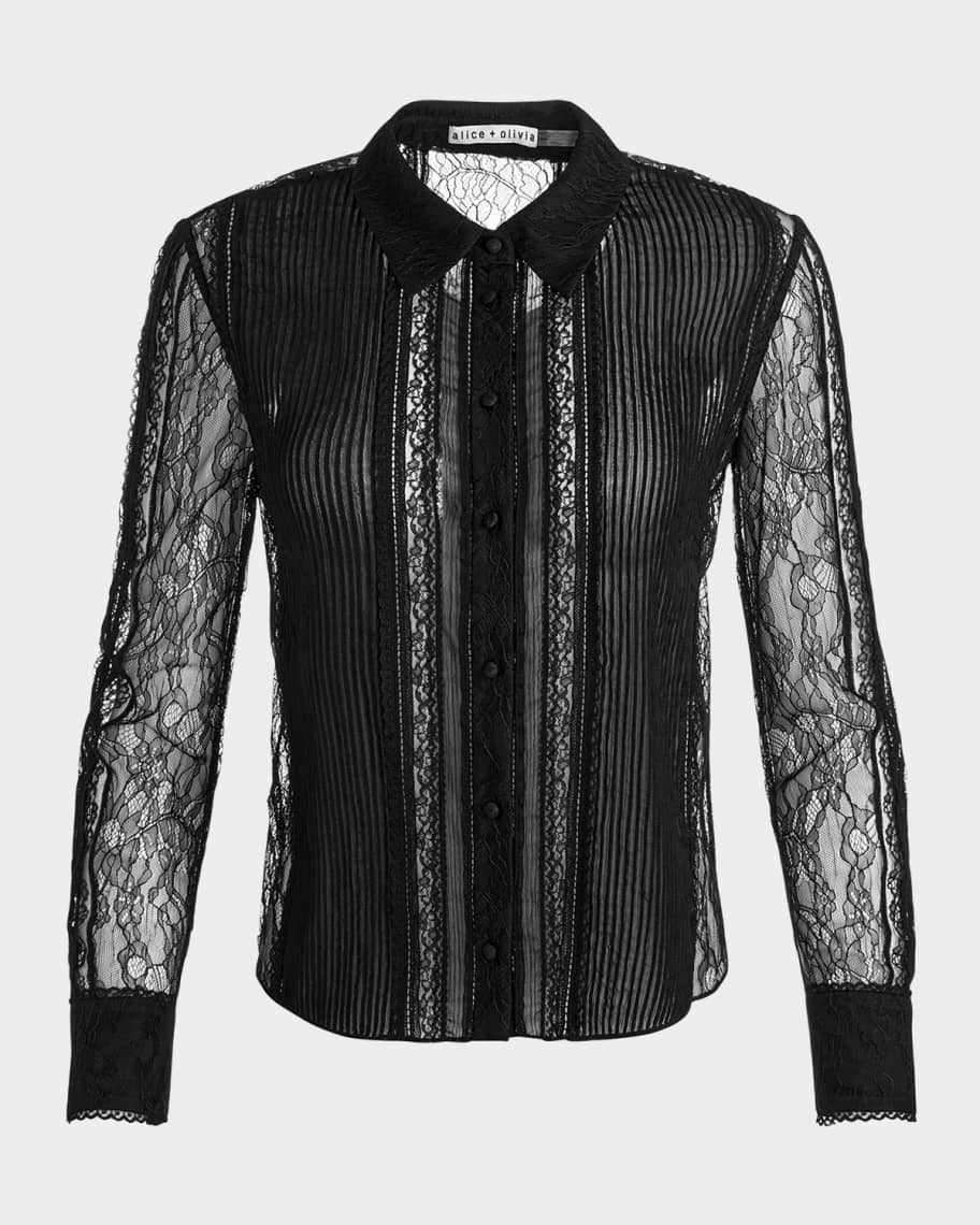 ブラウス ALICE + OLIVIA Willa Mixed-Media Lace Placket Top | Neiman Marcus