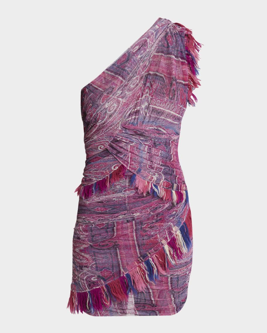Isabel Marant Dessia Printed One-Shoulder Fringe Mini Dress