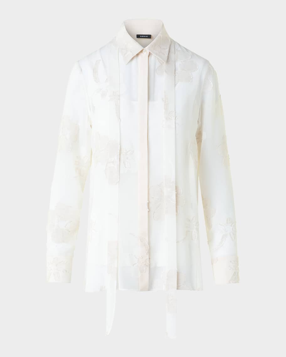 Akris Floral Jacquard Neck-Tie Button-Down Blouse | Neiman Marcus
