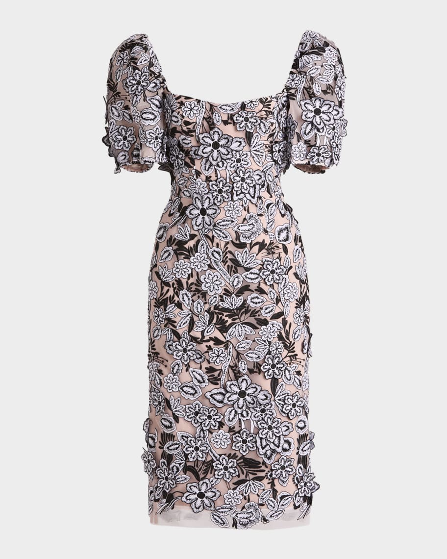 HELSI Exclusive Lucia Embroidered Puff-Sleeve Midi Dress | Neiman Marcus
