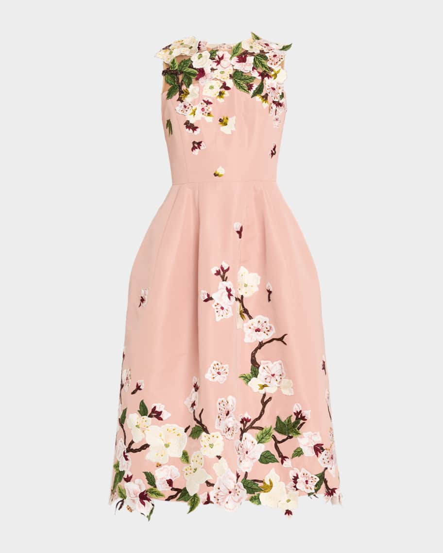 Oscar de la Renta Cherry Blossom Embroidered Faille Sleeveless