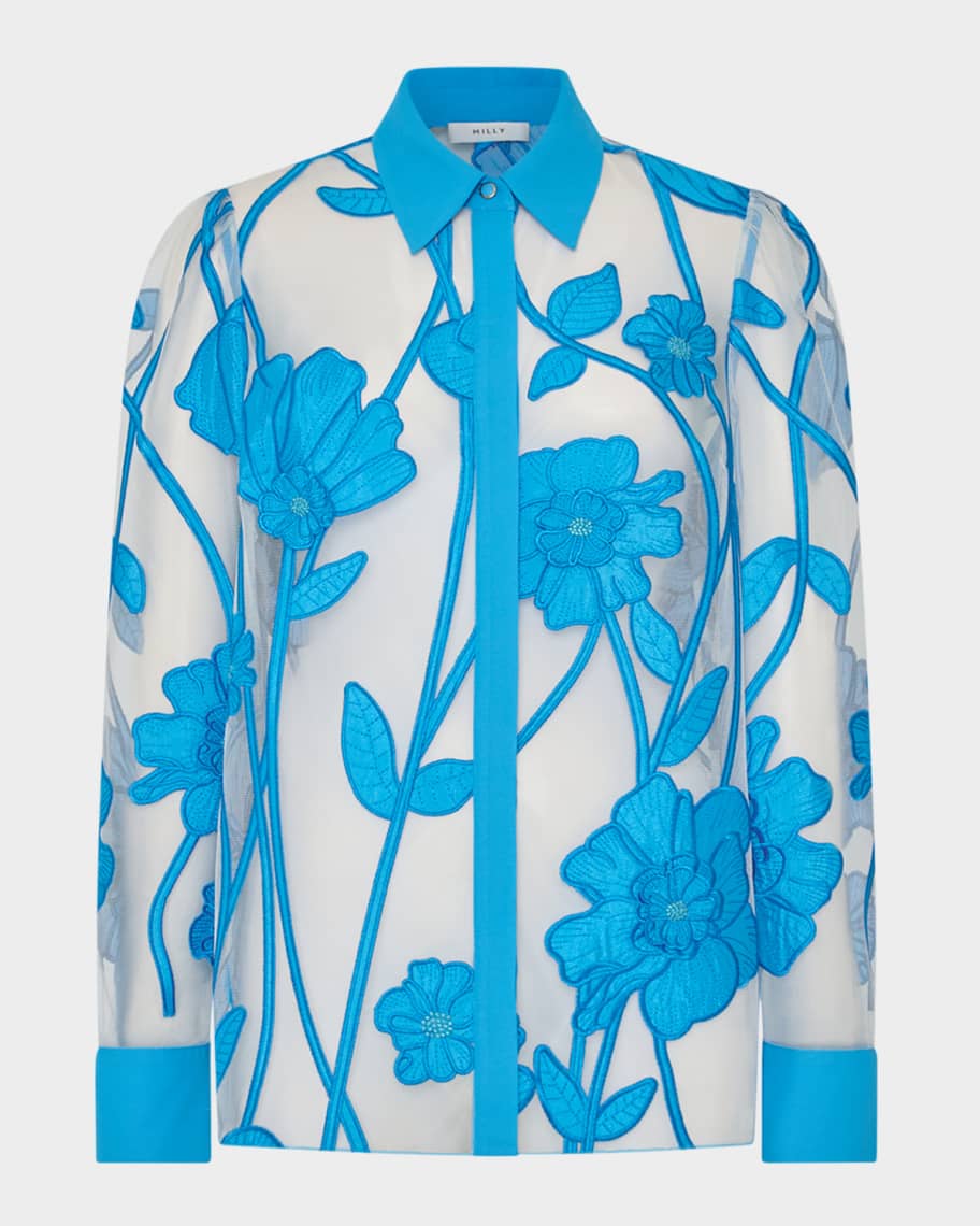 Milly Ashton Sheer Floral-Embroidered Top | Neiman Marcus
