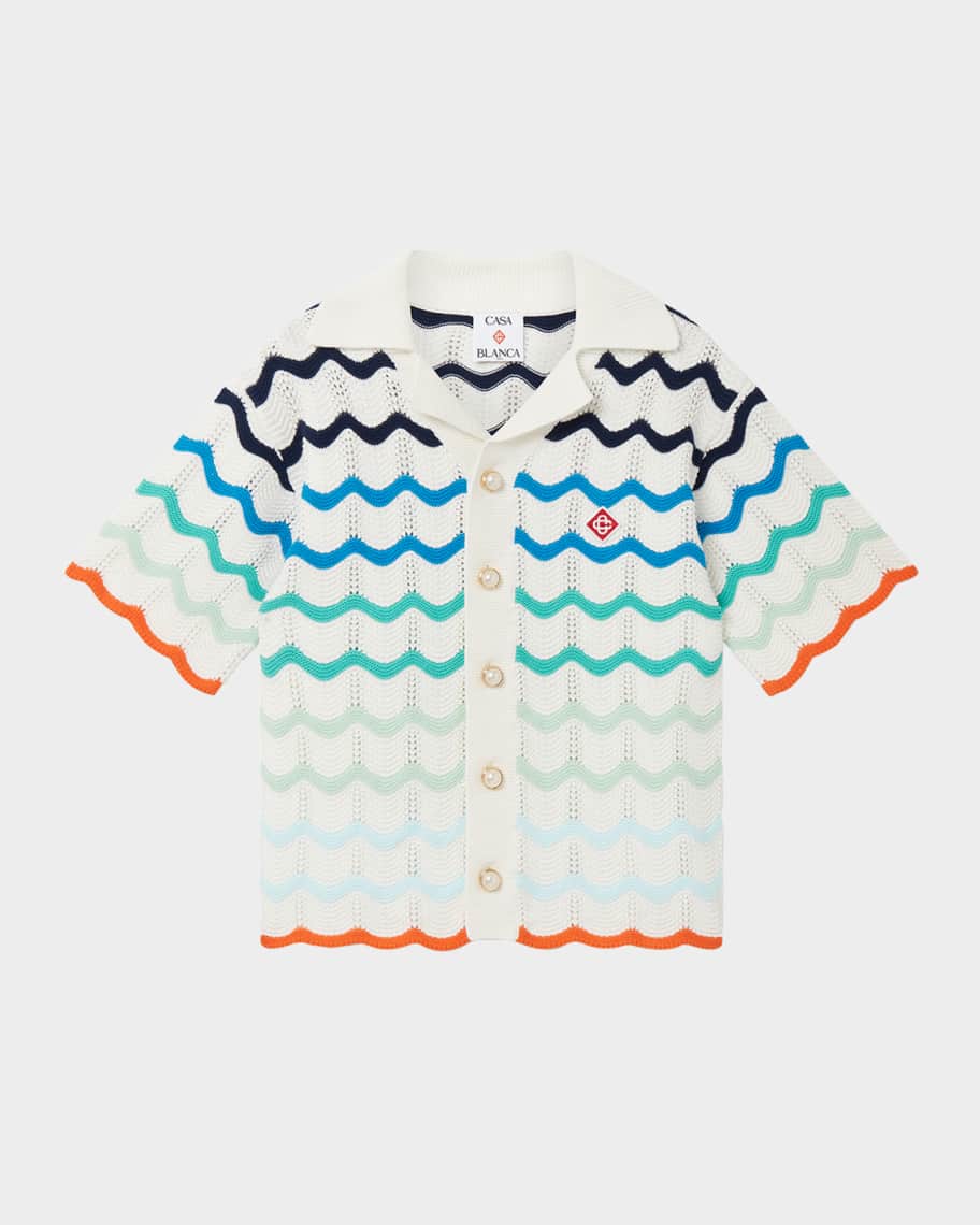 Boy's Crochet Wave Stripe Short-Sleeve Shirt, Size 3T-14