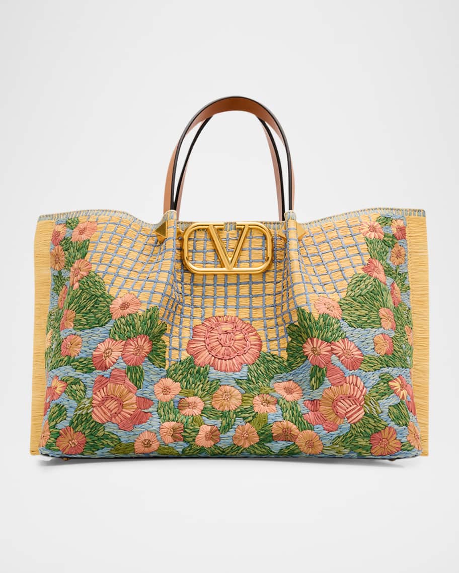 Valentino Garavani Floral-Embroidered Raffia Tote Bag | Neiman Marcus